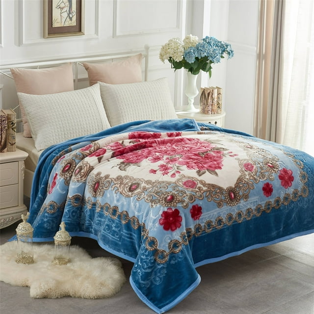 Korean Mink Blanket,2 Ply Printed Soft Warm Fleece Blanket for Automn, Winter -King,Blue Floral