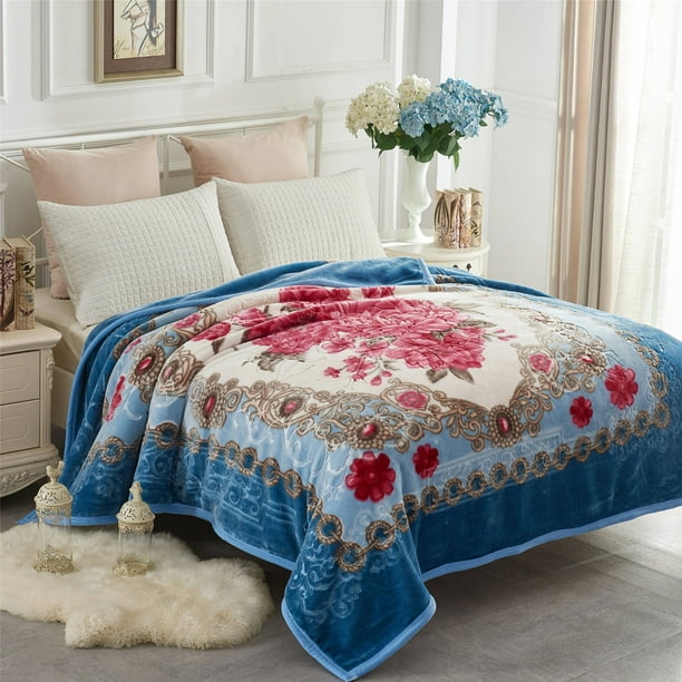 Korean Mink Blanket,2 Ply Printed Soft Warm Fleece Blanket for Automn,  Winter -King,Blue Floral 