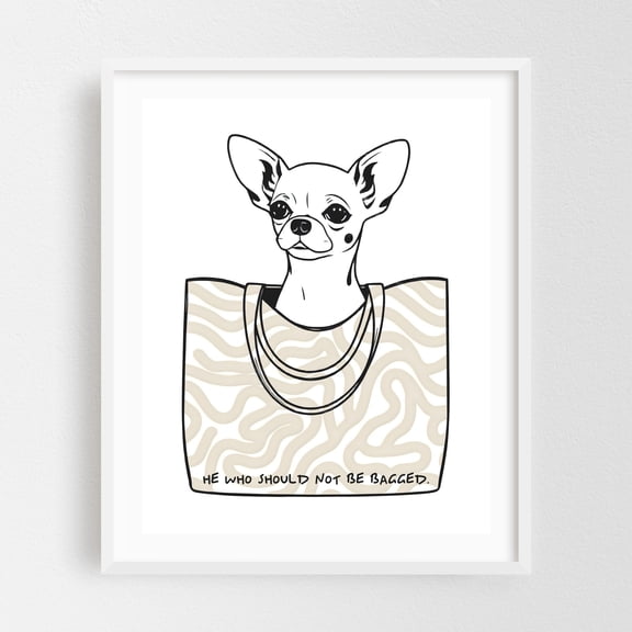He Who Should Not Be Bagged - India Illustration Dog Humor Line Art Quote Pop Art Modern Art Animal White Framed Wall Art Print 11 x 14 inches