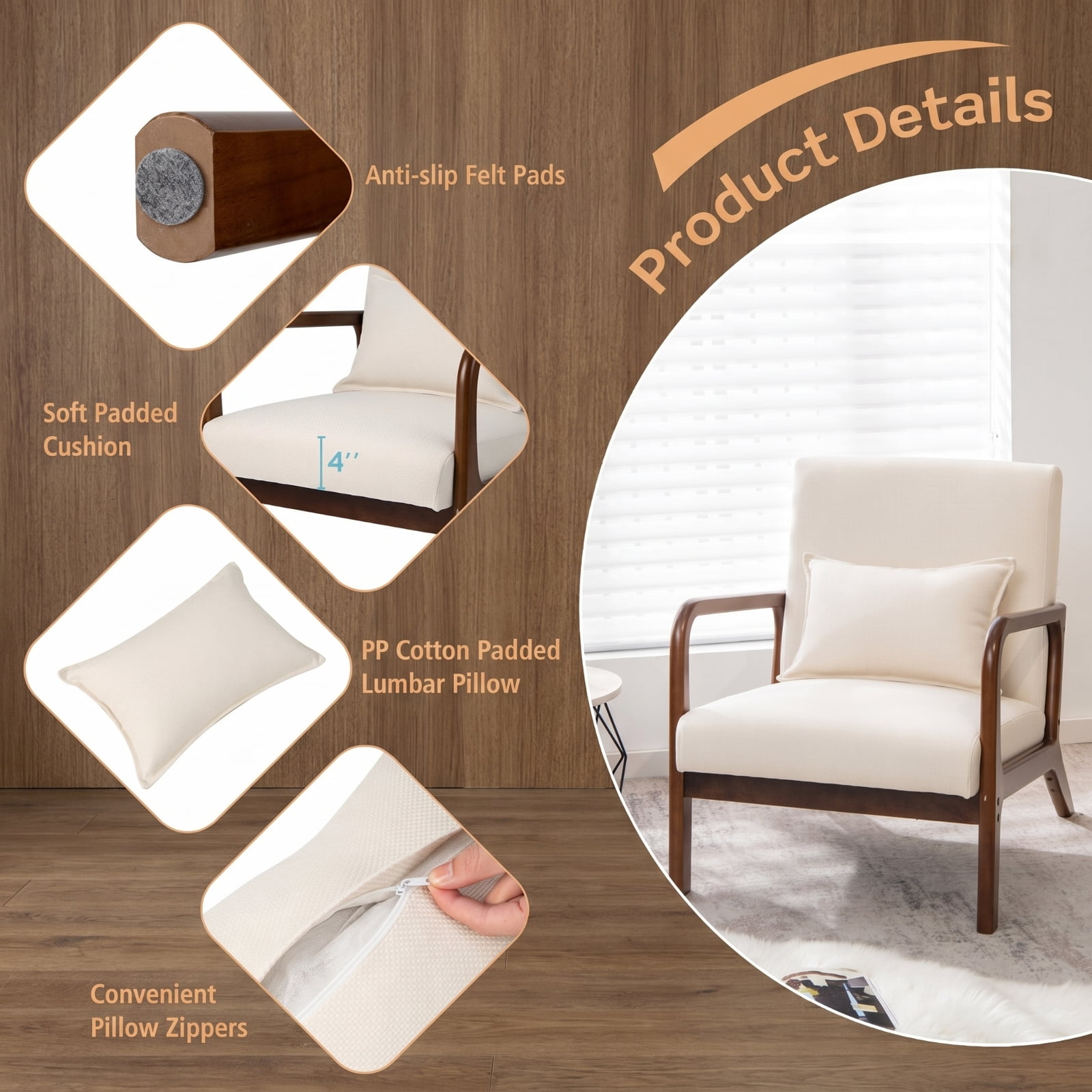 Furnibear Modern Accent Chair with Rubber Wood Frame and Lumbar Pillow, 330 lbs Capacity, Beige - for Living Room, Bedroom and Home Office