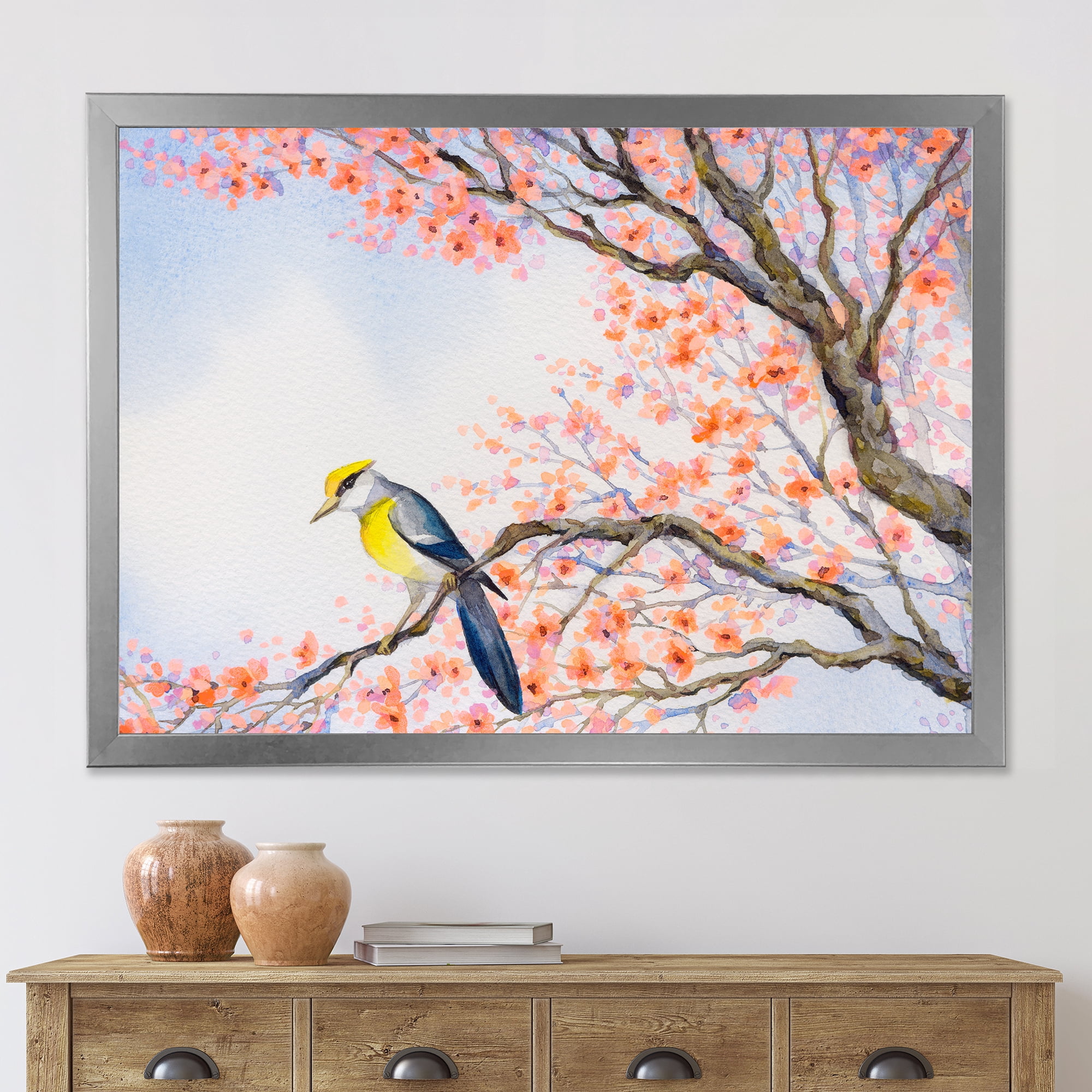 Beautiful Blue Bird Sitting On Flowering Branch I 40 in x 30 in Framed Painting Canvas Art Print, by Designart