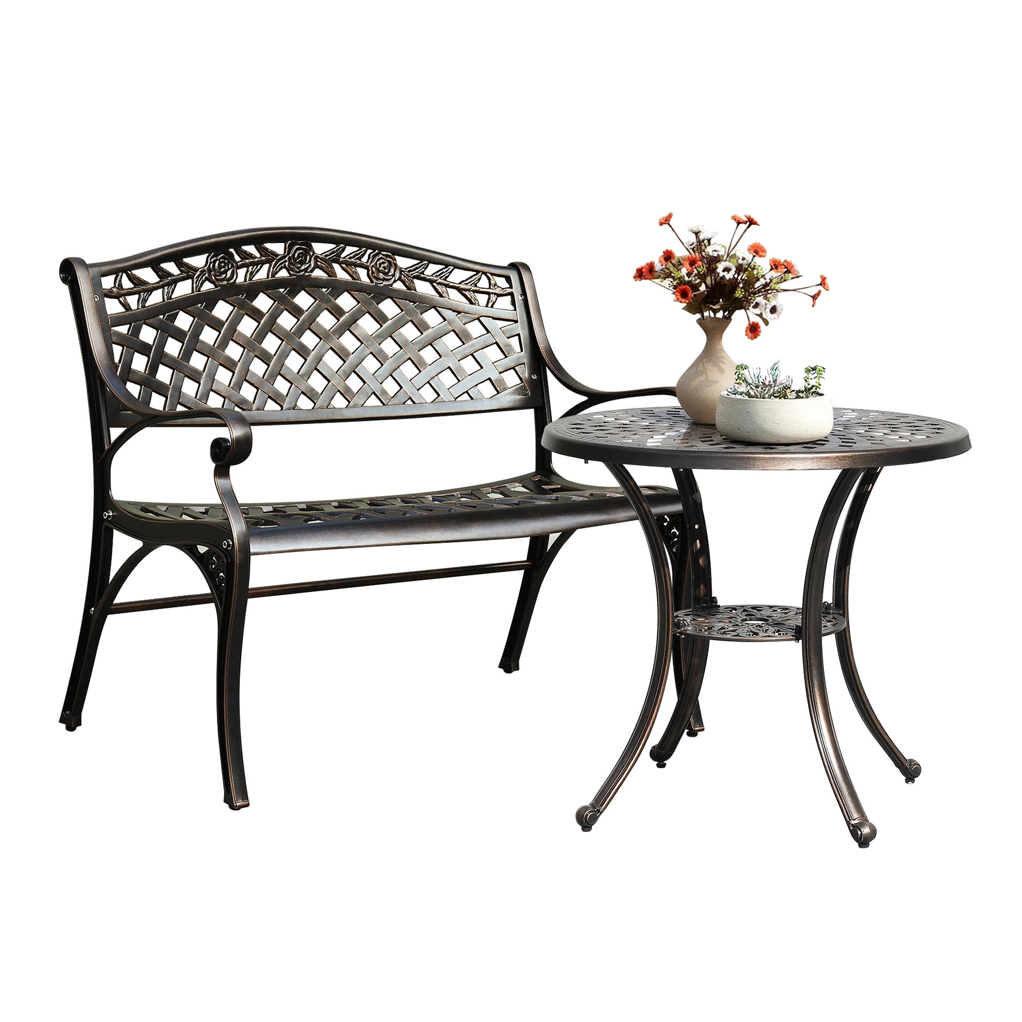 Uforic Cast Aluminum Outdoor Metal Garden Bench with Round Patio Dining Table with Umbrella Hole,Outside Dining Bench Set