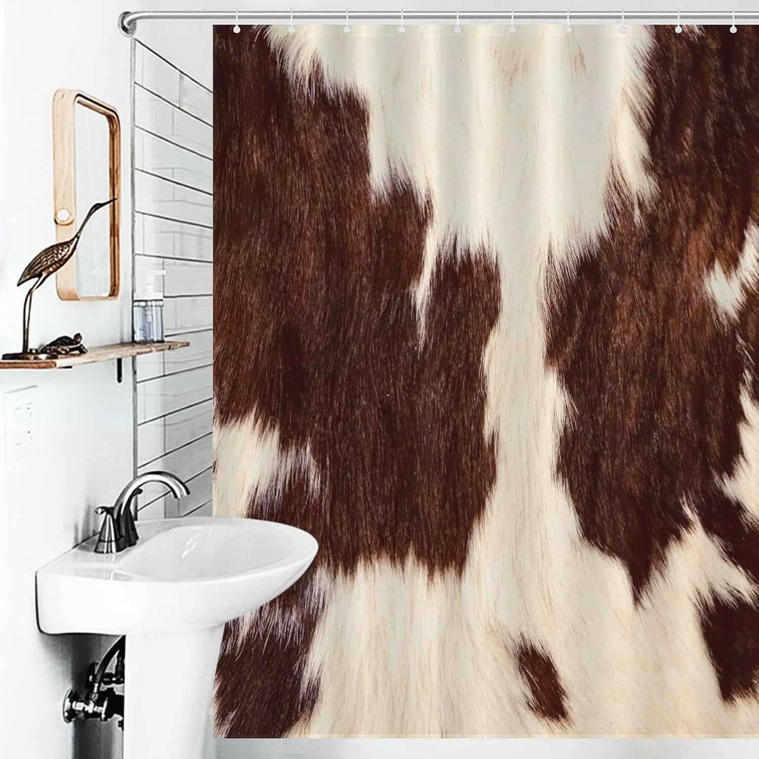 Cowhide Print Shower Curtain Brown Cow Printed Western Farmhouse Rustic Pattern Print Shower Curtains Sets Polyester Waterproof Fabric Decor Bathroom Curtain with Hooks-72"W x 86"L (Pack of 1)