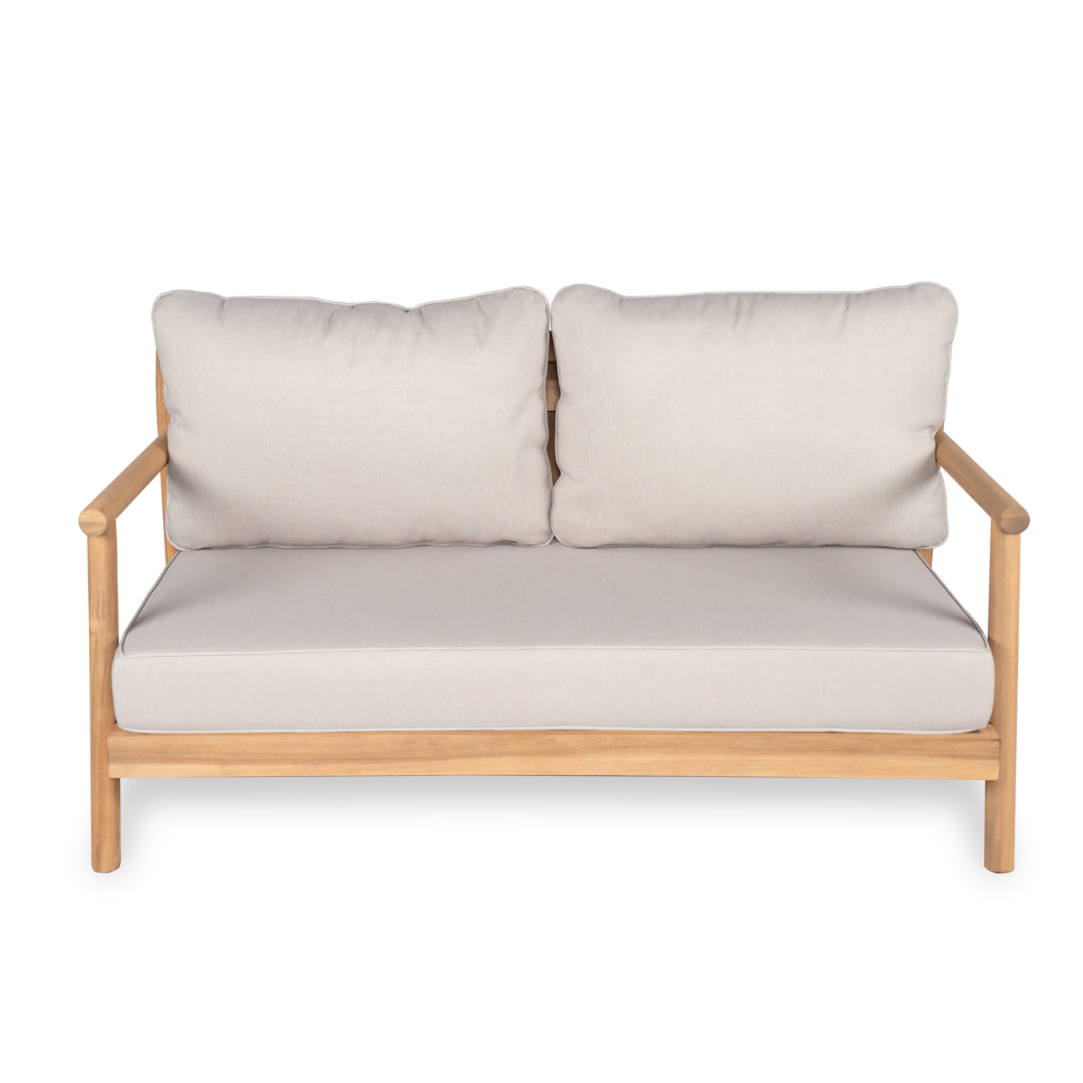 Christopher Knight Home Patio Wood Loveseat, Outdoor 2-Seater Sofa Couch with 5" Cushions, Teak + Beige