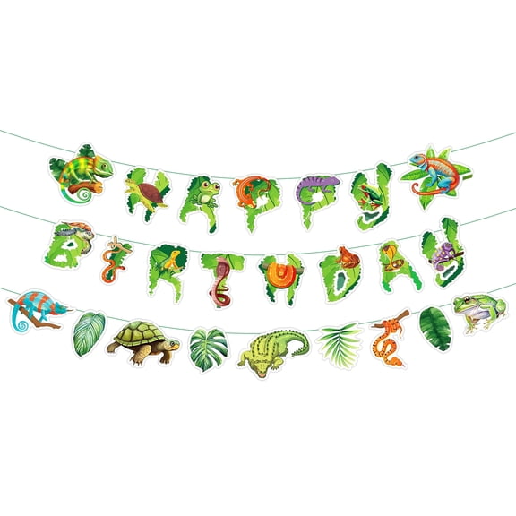 Reptile Theme Birthday Banner - Jungle Animal & Leaf Design Vibrant Party Decorations