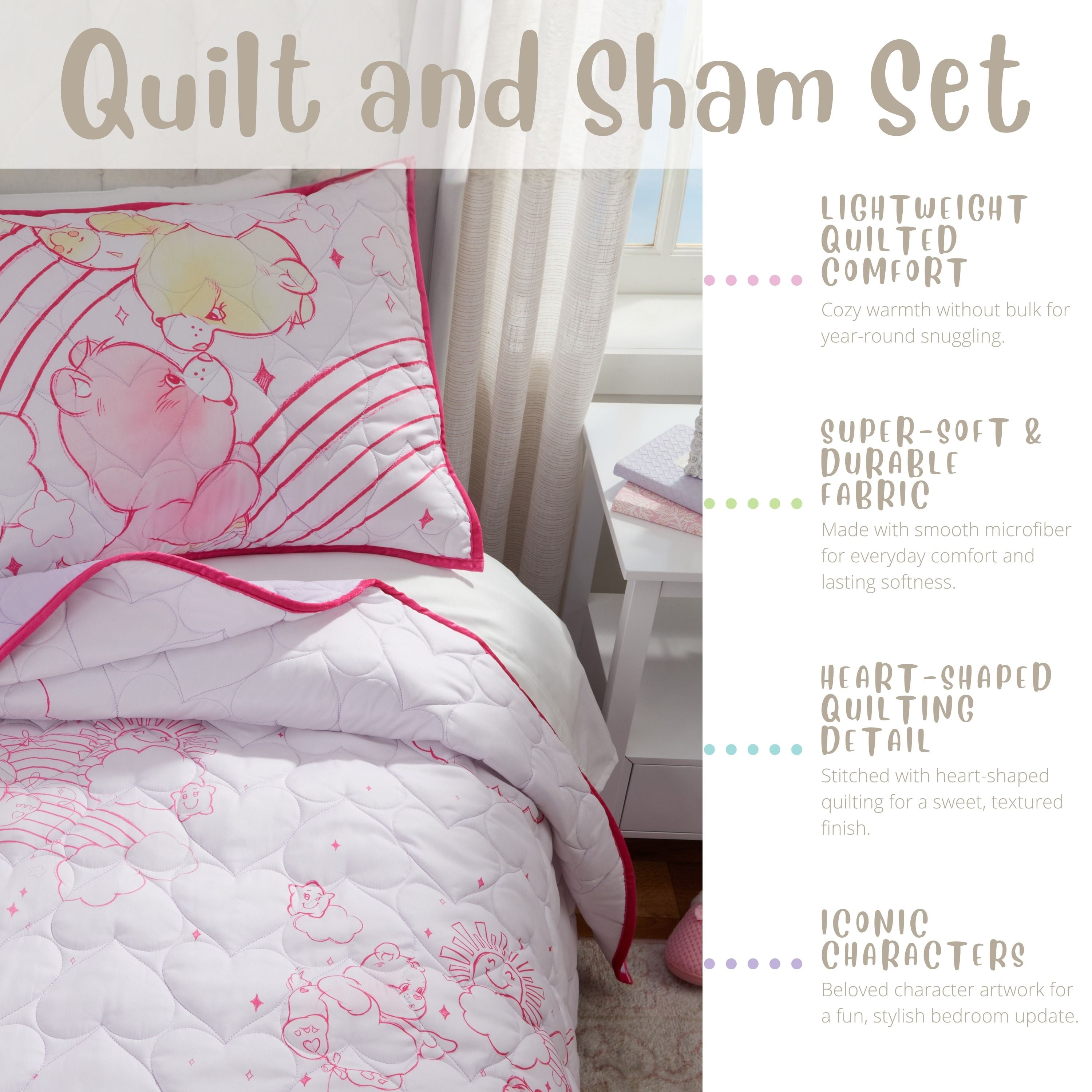 Care Bears Pink 3 Piece Quilt and Sham set, Queen