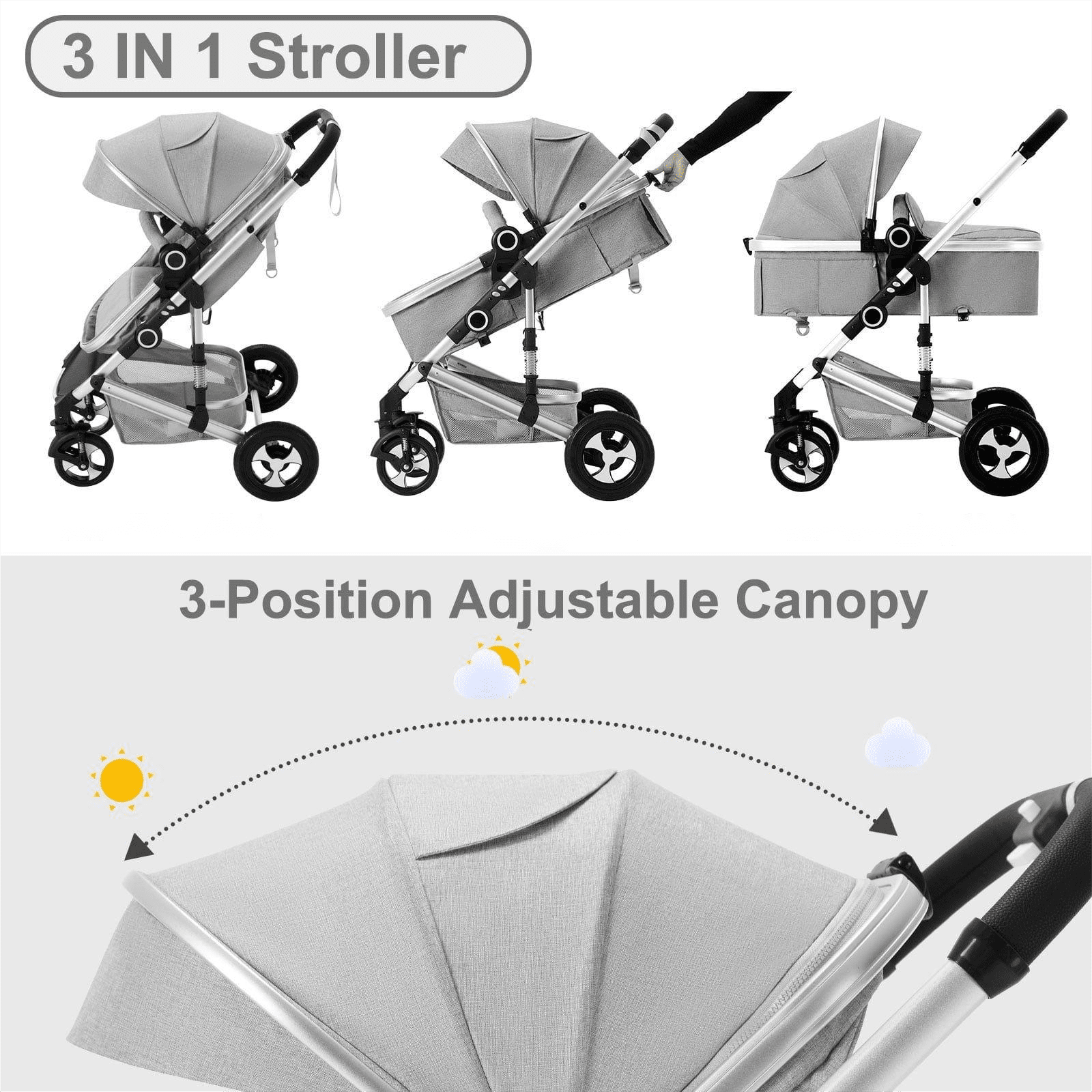 LINLUX 2 in 1 Baby Stroller w/ Diaper Bag & Big Wheel, Infant Pushchair, 23 Pounds, Grey