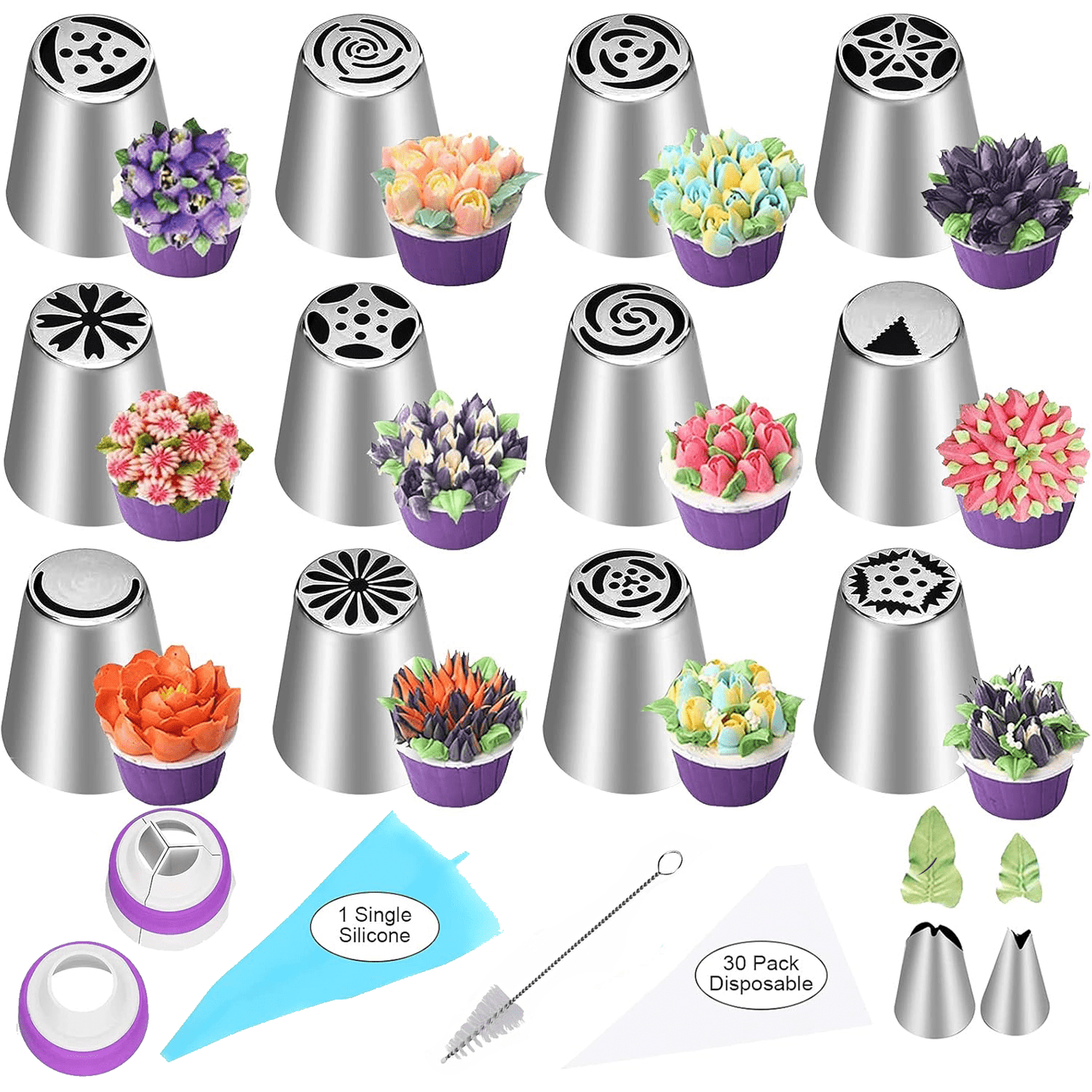 48 Pcs Russian Piping Tips Set for Cake Decorating , 12 Flower Icing Nozzles, （(12 Icing Tips 10 Pastry Baking Bags 2 Leaf Piping Tips 2 Couplers 1 Silicone Bag 1 cleaning brush) Baking Supplies Kit