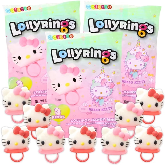 Hello Kitty Lollipop Rings, Birthday Party Candy, 3 Suckers per Pouch, Pack of 3, 1.27 Ounces Each