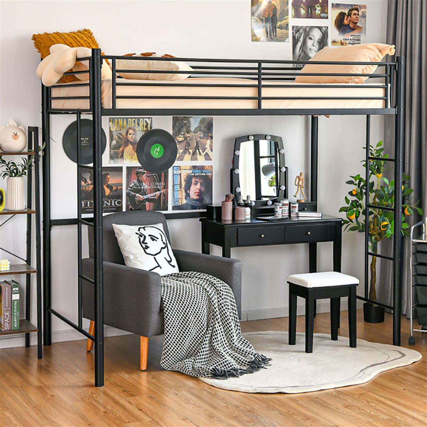 Demi Bonn Metal Twin Loft Bed Frame with 2 Ladders Full-length Guardrail for Teens, Black