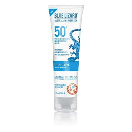 BLUE LIZARD Sensitive Mineral Sunscreen with Zinc Oxide 50+ Water Resistant UVAUVB Protection with Smart Cap Technology Fragrance Free  Sensitve  SPF 50 - - Tube  Unscented  5 Fl Oz