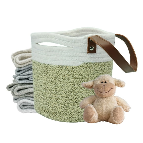 Planterist Cesta Organizadora Chica Tejida – Algodón Lavable, Plegable y Portable – Multiusos 19.5x17.5 cm con Agarradera de Piel para Almacenaje, Decoración y Ropa Sucia (Tulum)