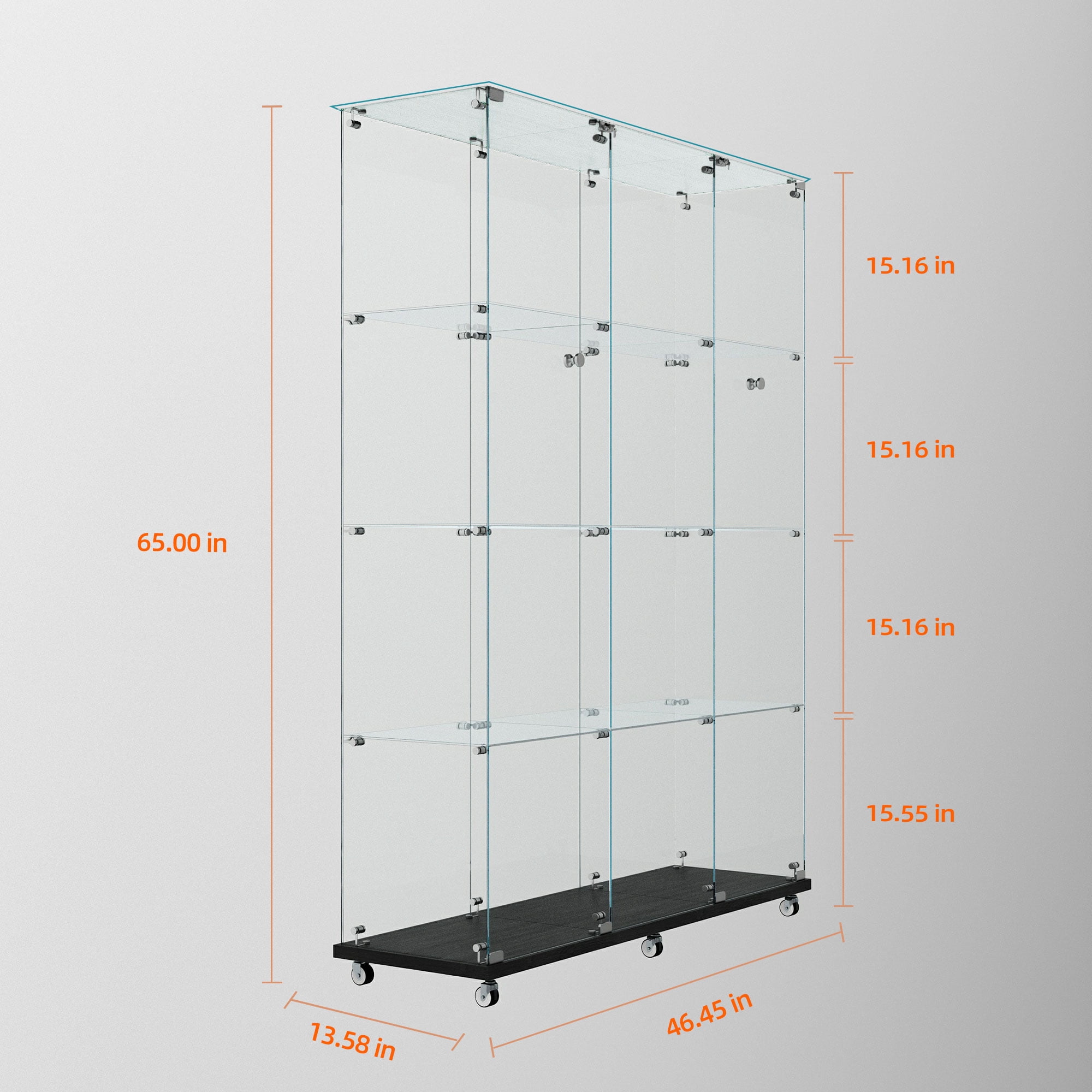 MAYEERTY 4 Tiers Glass Display Cabinet with Bluetooth LED Light Strip, Curio Storage Cabinet with 3 Door Wheels and Lock, Tempered Glass Top, Black