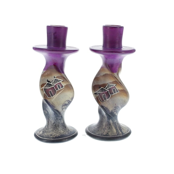 Pair of Handpainted Village Huts Soapstone Candle Holders 6 inches
