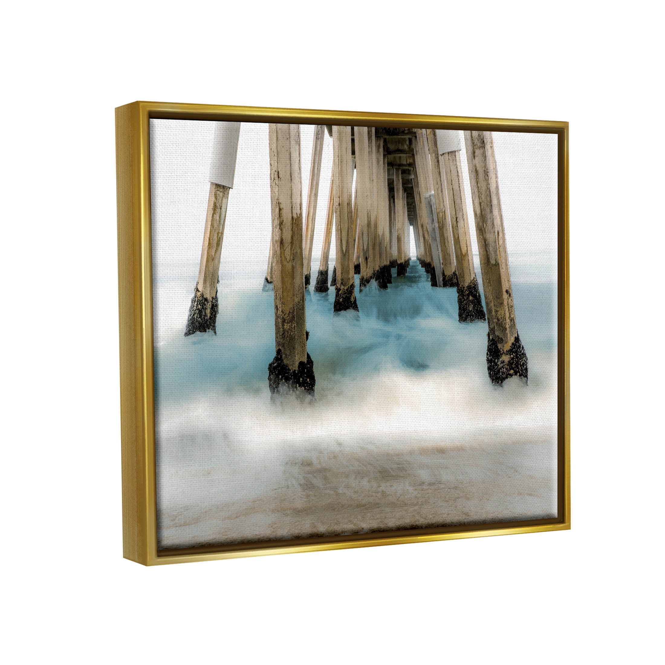 Waterfront Pier Splashing Sea Waves Coastal Graphic Art Metallic Gold Framed Art Print Wall Art