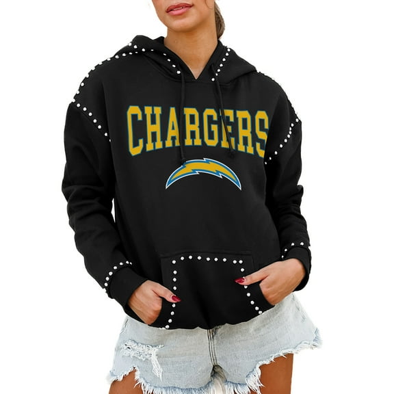 Women's Gameday Couture Black Los Angeles Chargers Oversized Catch the Vibe Studded Pullover Hoodie