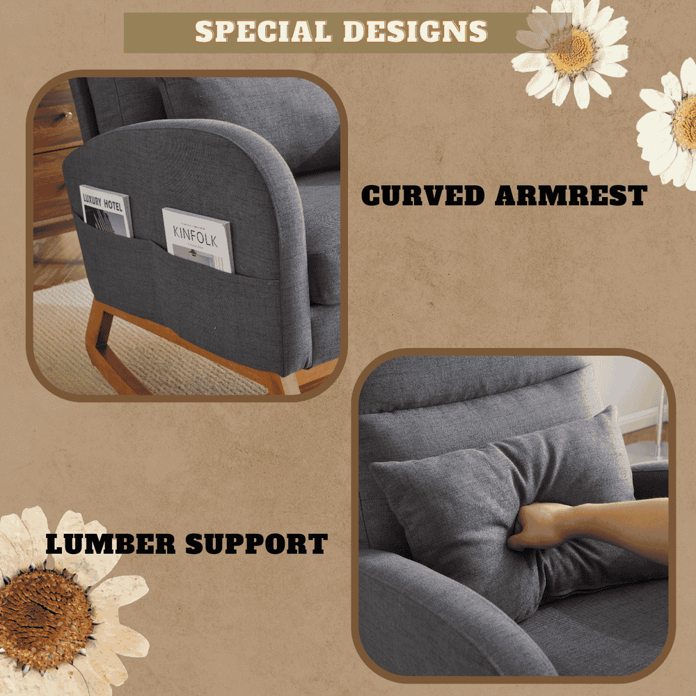 GVN Bedroom Rocking Chair Rocking Chairs & Gliders,Grey Linen Rocking Chair Nursery With Thick Headrest, Modern Nursing Rocker Glider With Curved Armrest