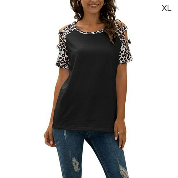 T-Shirt Cold Shoulder Short Sleeve cold shoulder T Top Woman Leopard Summer Top, Black, XL