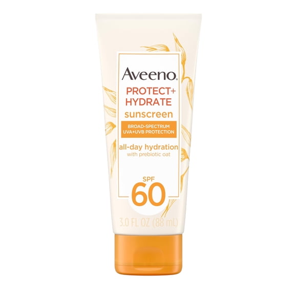 Aveeno Protect + Hydrate Moisturizing Body Sunscreen Lotion with Broad Spectrum SPF 60 & Prebiotic Oat, Weightless & Refreshing Feel, Paraben-Free, Oil-Free, Oxybenzone-Free, 3.0 fl. Oz