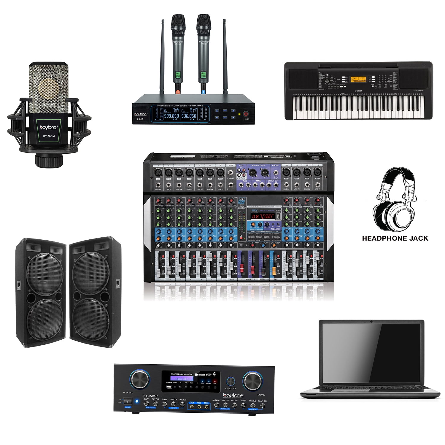 セール！ 12-Channel Bluetooth Studio Audio Mixer DJ Sound Controller  Interface w/ USB Drive for PC Recording Input, RCA, XLR Microphone Jack,  48V Power, For