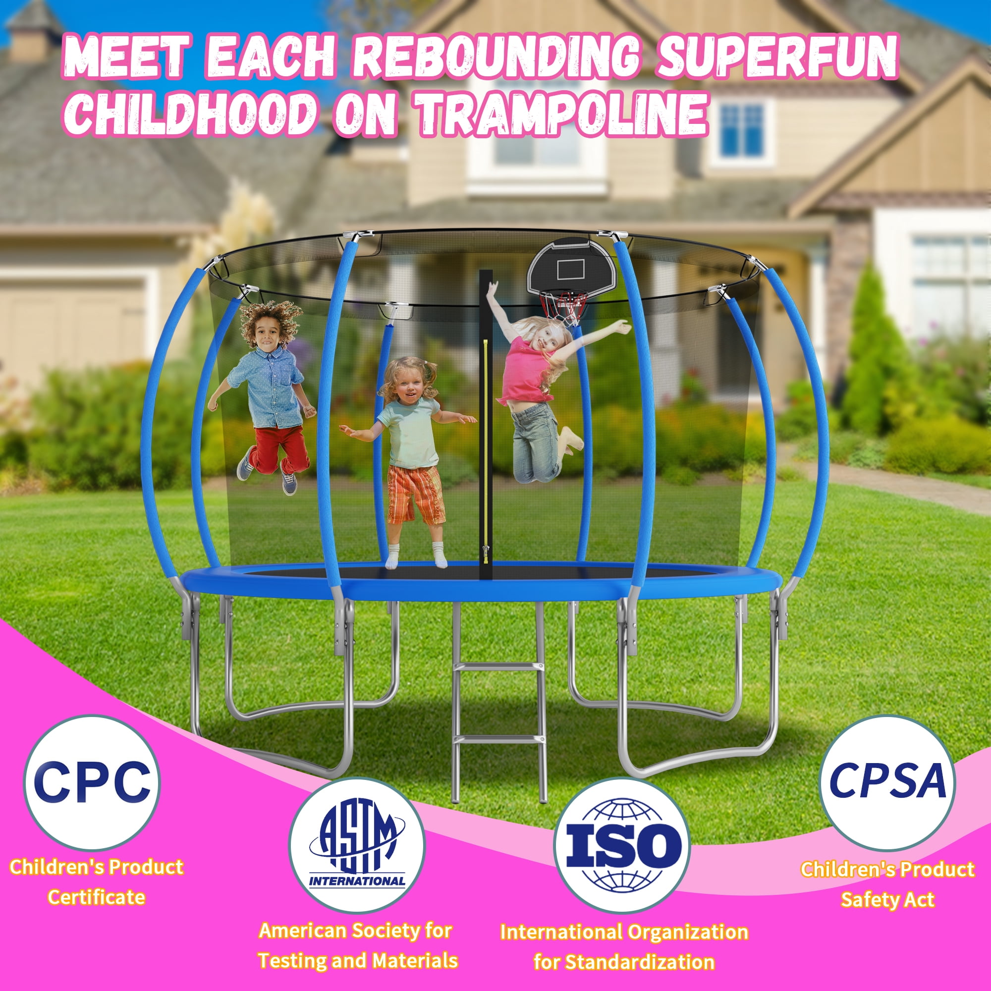 Shengchao Trade 1200LBS 12FT Trampoline for Adults and Kids,Trampoline with Enclosure,Basketball Hoop, Recreational Trampoline with Ladder, Heavy Duty Trampoline Capacity for 5-6 Kids