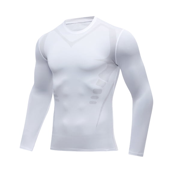 Mens Long Sleeve Compression Workout Shirts,Crew Neck Athletic Tight Fit Base Layer Tops for Gym Training White S