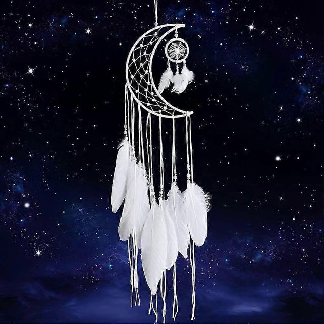 Dreamcatcher Handmade Moon Design with Feathers Dream Catcher Wall Hanging (White)