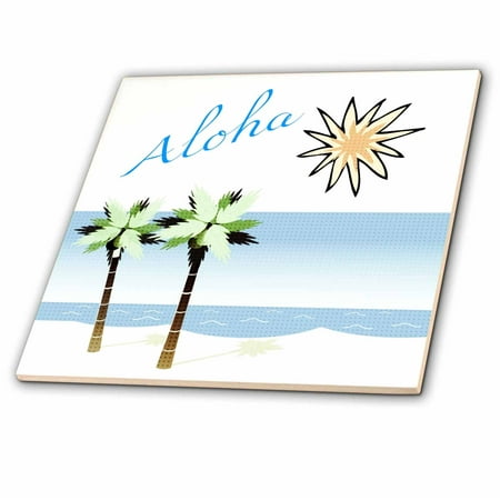 - 3dRose Aloha Hawaiian Beach Art - Travel - Ocean and Palm Trees - Ceramic Tile, 4-inch