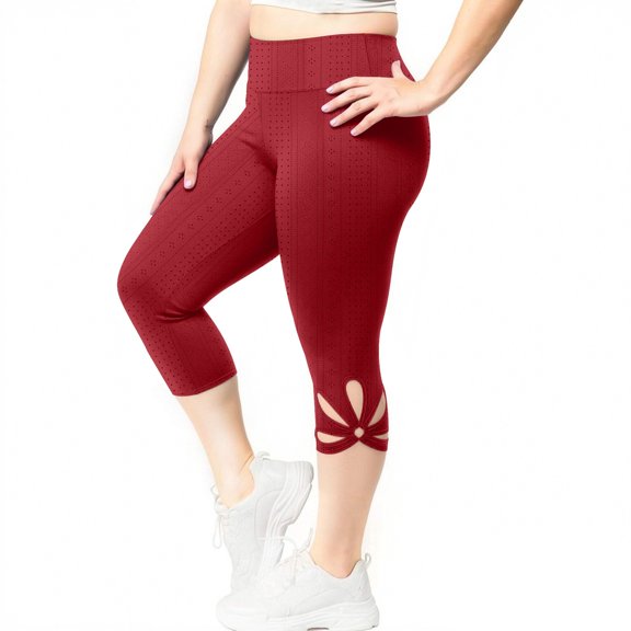 Lenpel Women's Capri Leggings High Waisted Eyelet Embroidered Hollow out Hem Slim Cropped Workout Yoga Pants Casual Capri Leggings