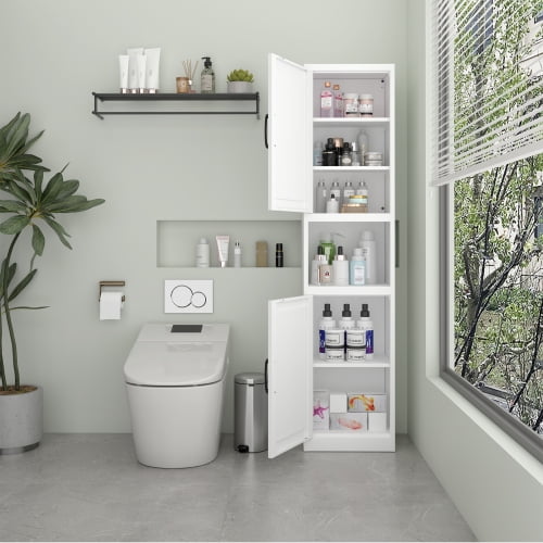 67" Tall Narrow Storage Cabinet, Bathroom Linen Tower, Reversible Doors, Adjustable Shelves, White