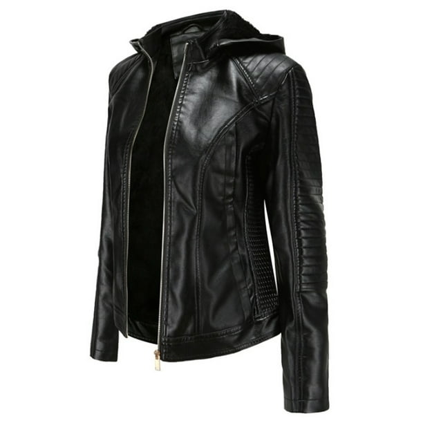 Bellella Women Motorcycle Jackets Hooded Faux Leather Jacket Long Sleeve Moto Biker Coat Warm With Removable Hood Outwear Ladies Black S Walmart