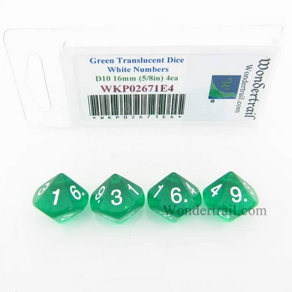 Green Transparent Dice with White Numbers D10 16mm (5/8in) Pack of 4 Wondertrail