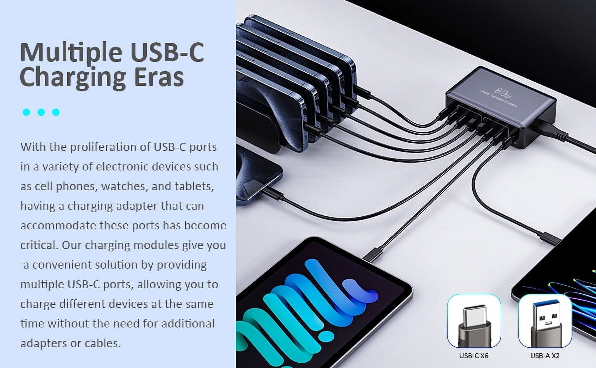 80W Usb C Charging Station, 8-Port Usb C And Usb A Multi Port Desktop Charger Adapter Plug Cube, 4-Foot Power Cord, Desktop Charging, Mobile Phone, Digital Fast Charging, Tablet Computer