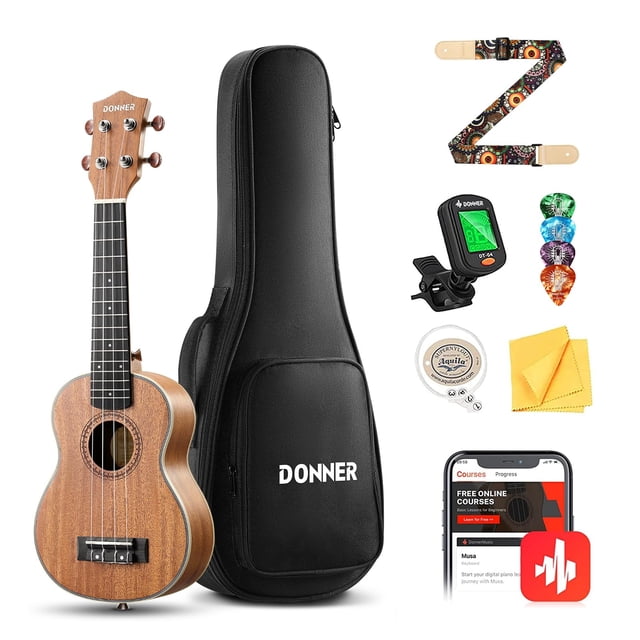 Ukelele Donner Soprano de madera de caoba de 21 pulgadas con kit para principiantes