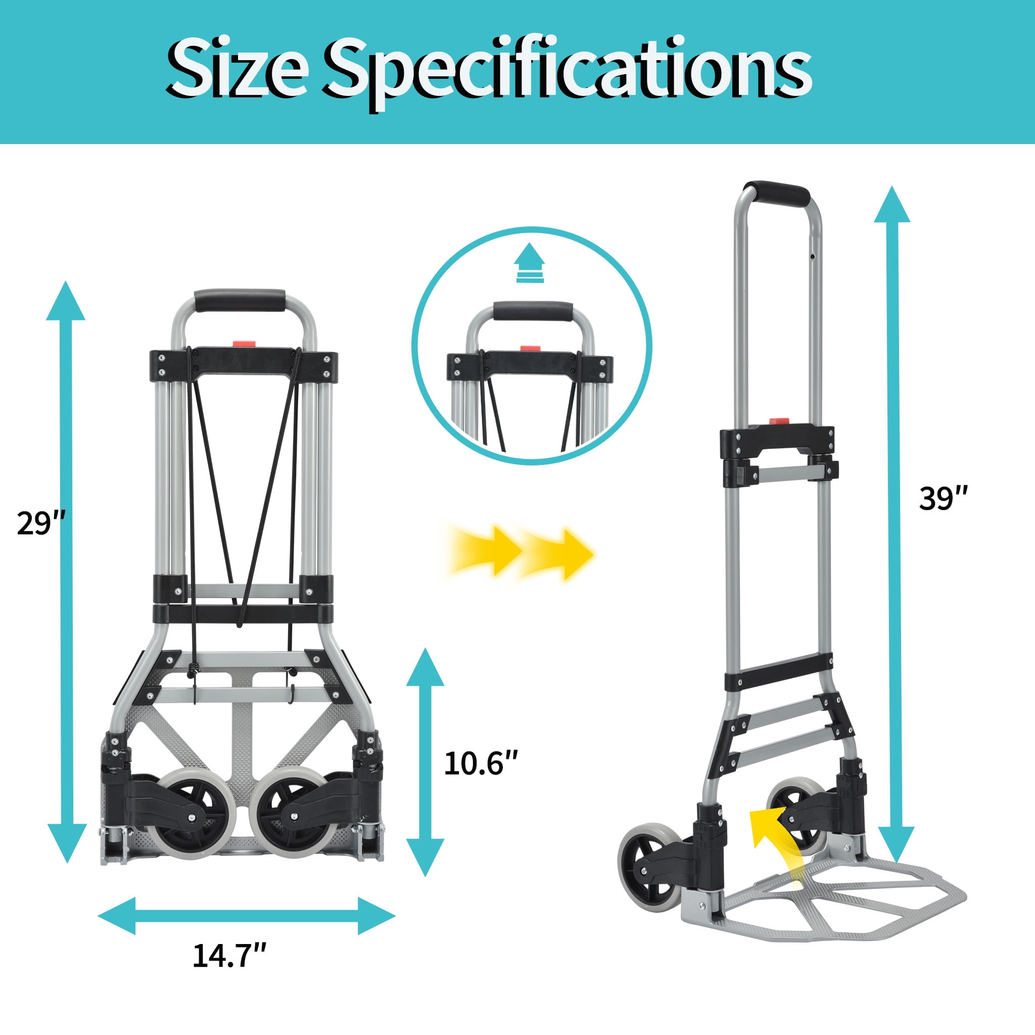 Takira Foldable Hand Cart, Portable Aluminum Luggage Cart with Telescopic Handle and Black Bungee Cord.