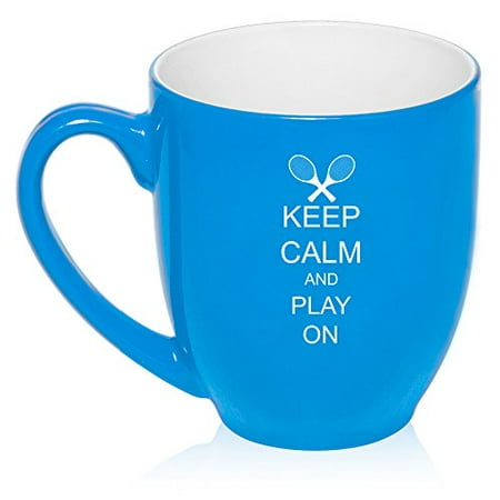 

16 oz Light Blue Large Bistro Mug Ceramic Coffee Tea Glass Cup Keep Calm and Play On Tennis