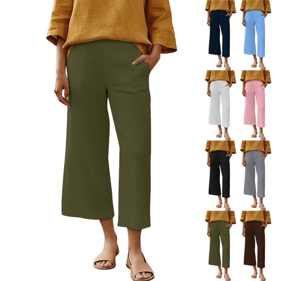 Lenago Pants for Women Solid Color Lightweight Stretched-Waist Linen Casual Straight Pants
