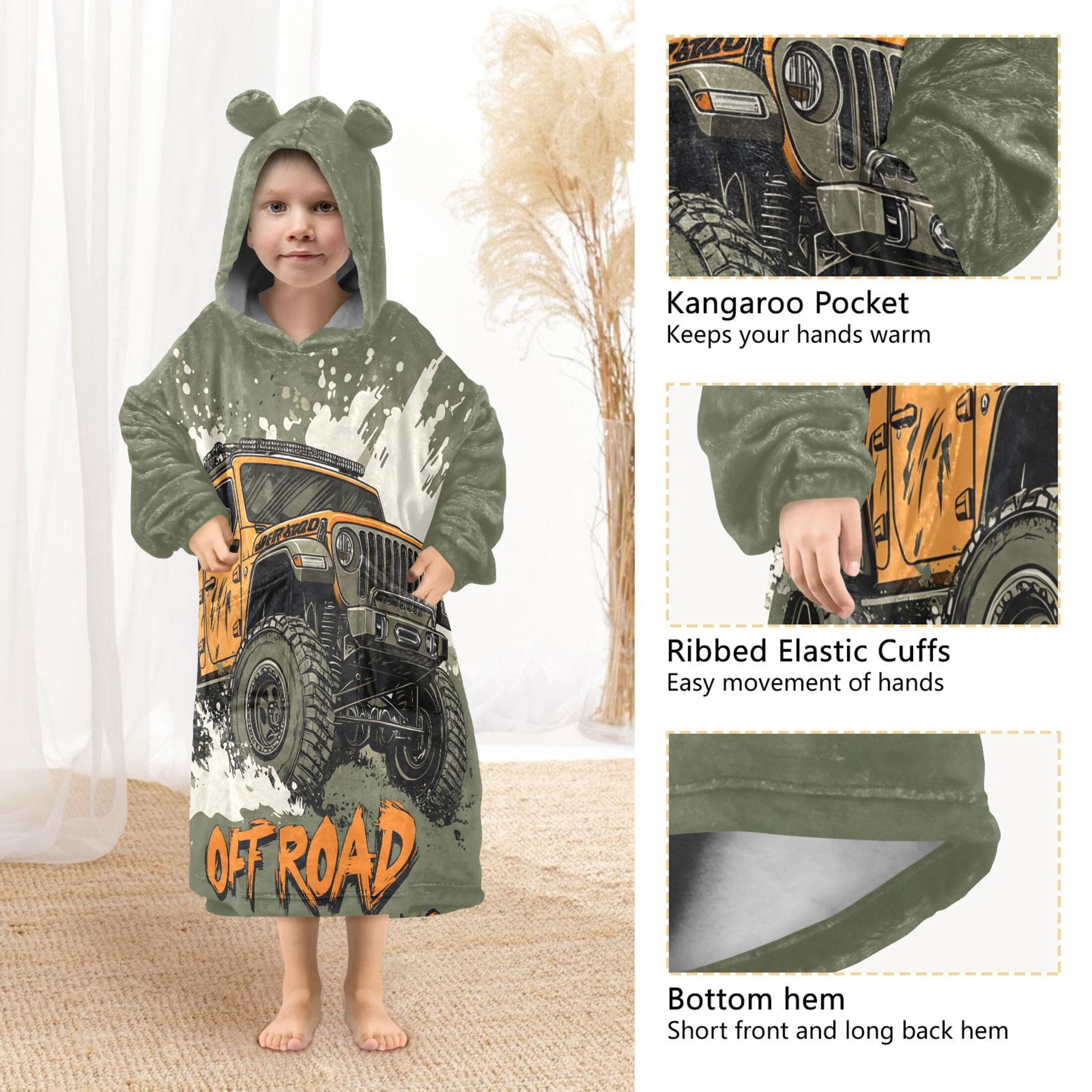 joogoo Wearable Blanket Hoodie Monster Truck Off Road for Flannel Sherpa Pocket 3-14 YR L