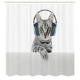 thumbnail image 3 of Ambesonne Cat Shower Curtain, Animal Listening to Music, 69"Wx70"L, Grey White, 3 of 5