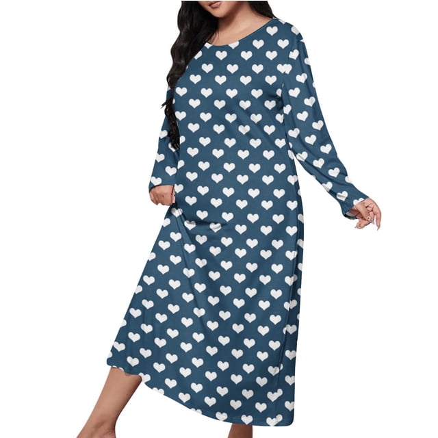 Mgmyaa Chemise de Nuit pour Femmes Manches Longues Col Rond Imprimé Chemise de Nuit Longue Vêtements de Détente Robe Maxi Décontractée Robes de Maison
