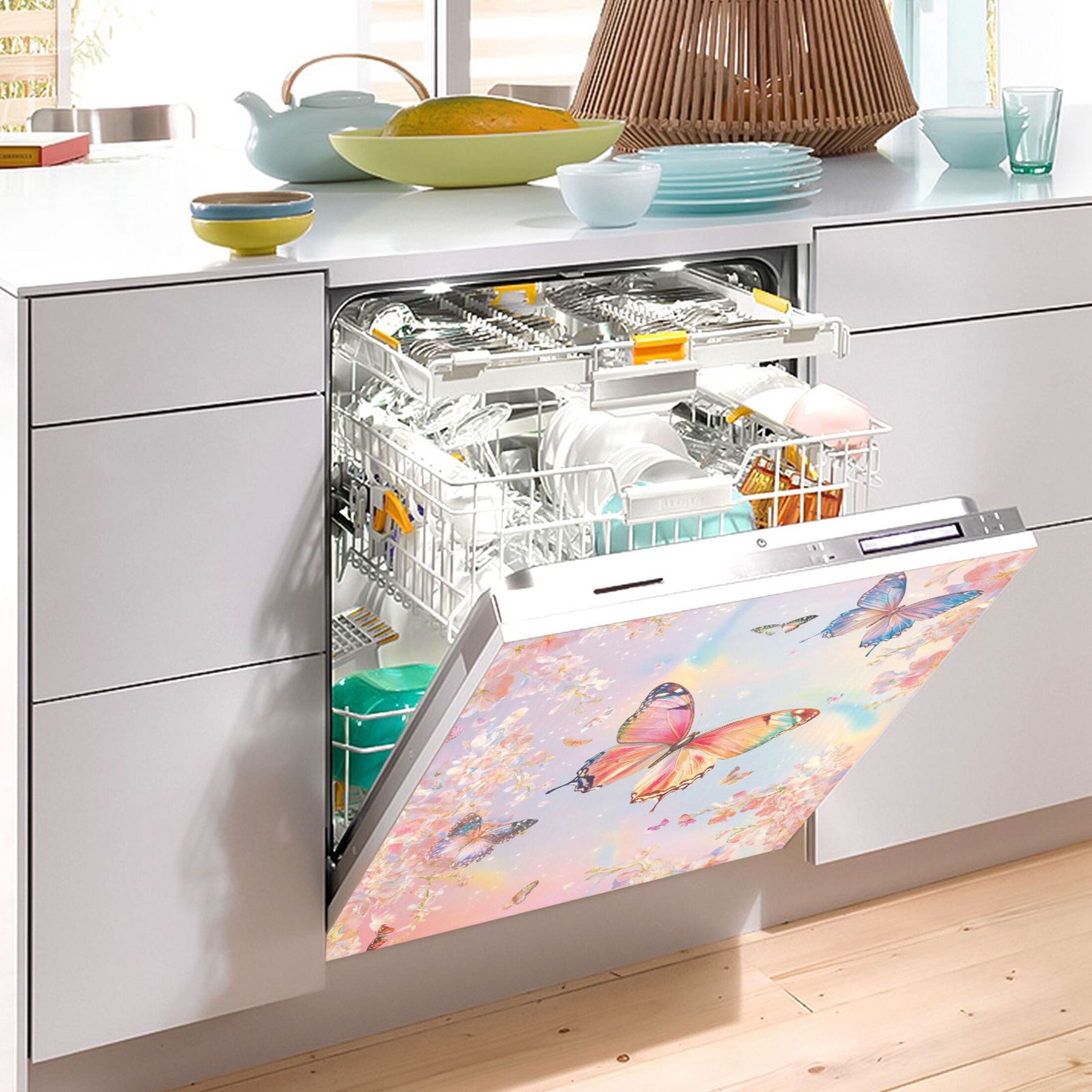 Dishwasher Magnetic Sticker 23x26 Inch Refrigerator Magnetic Sticker Washing Machine Magnetic Sticker Kitchen Panel Magnetic Sticker Home Decor Light Pink Flower Butterfly