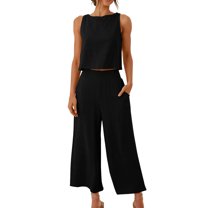 Casual Linen Pants Sets for Women, 2 Piece Summer Outfits, Casual Sleeveless Crop Tank Tops Wide Leg Capris Pants Beach Vacation Travel Outfit Sets Matching Clothing