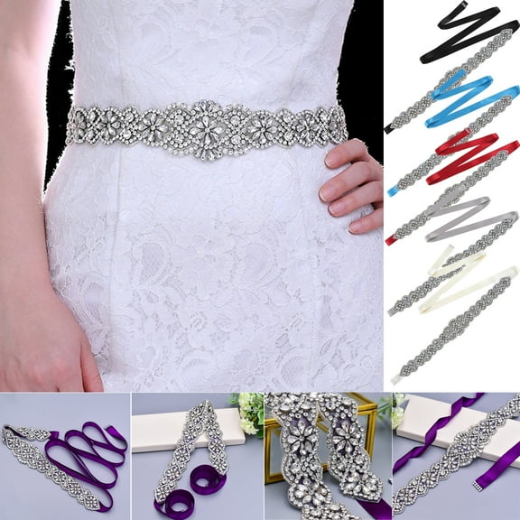 Walbest Jeweled Bridal Belt Applique Rhinestone Wedding Belt Sash with Satin Ribbon, for Party Prom Evening Dresses Gown Silver