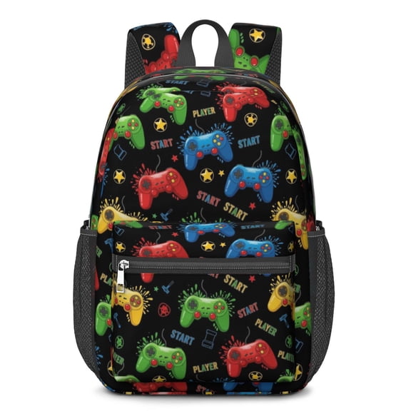Game Controller Black Pattern 17" School Backpacks for Teens,Waterproof Oxford Fabric,S-Shape Padded Straps for School,Travel,Hiking,Camping