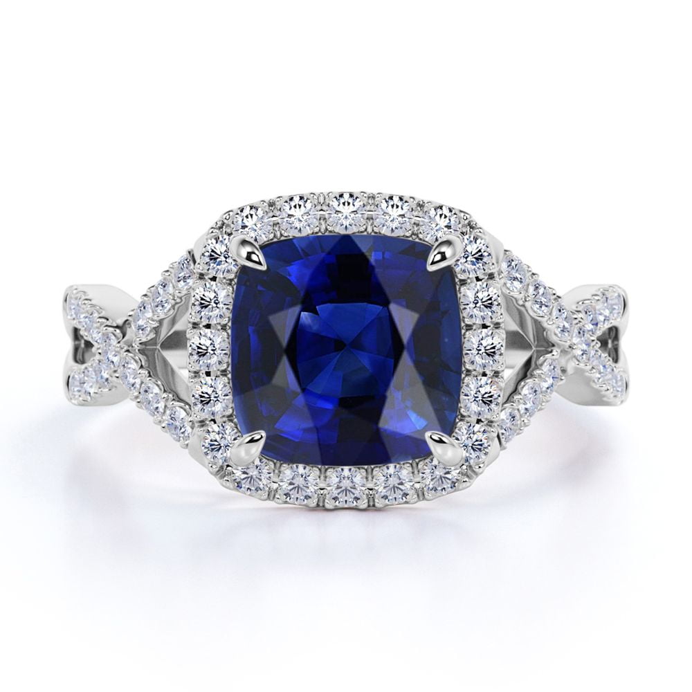 JeenMata Four Prong Halo - 1.2 TCW Cushion Cut Lab Created Blue Sapphire and Moissanite - Brilliant Crossover Pave Engagement Ring - 18K White Gold Plating over Silver