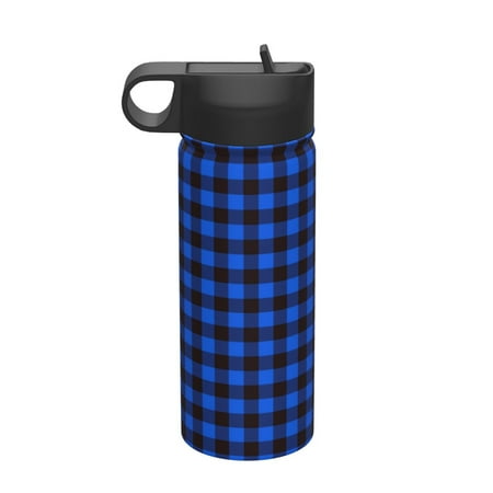 

Salouo Buffalo Plaid Blue Black Pattern 18 oz Water Bottle With Straw Stainless Steel Sports Water Cup Flask Wide Mouth Travel Thermal Mug for Home Office Car