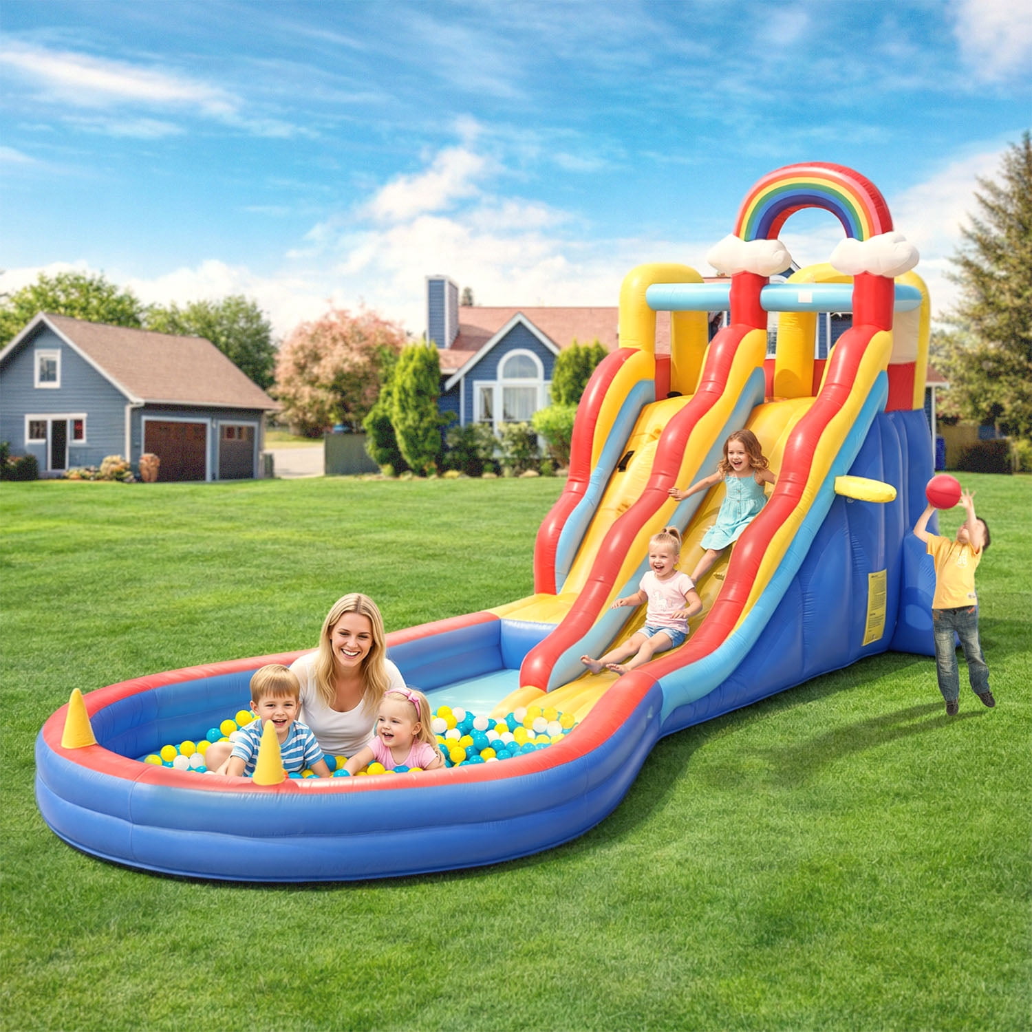 Tryset Inflatable Water Slide Bounce House with Climbing Wall & Splash Pool, Kids Outdoor Water Park with 680W Blower