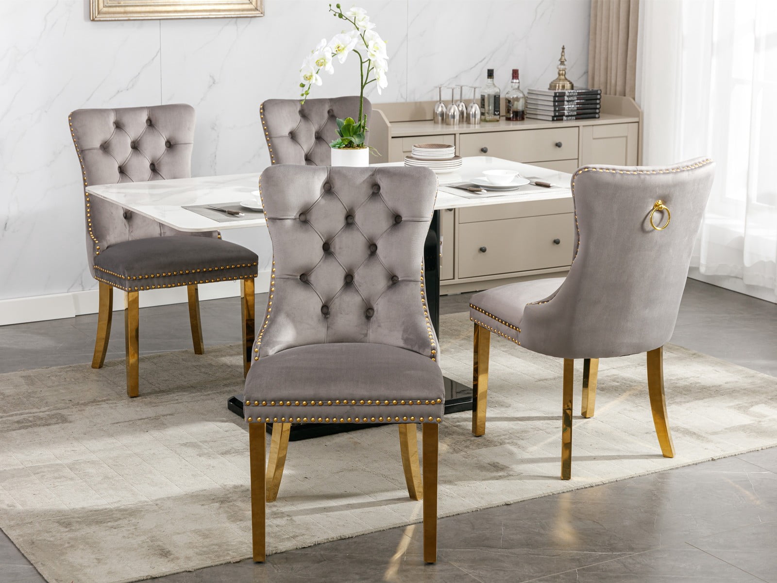 Dining Chairs, Accent Diner Chairs with Nailhead Trim and Back Ring Pull, Velvet Fabric Dining Room Chairs, Side Chair Kitchen Chairs with Golden Stainless Steel Plating Legs (Set of 4)