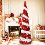 Sapin de Noël artificiel pop-up de 1,5 m de lim rouge et blanc, arbres de Noël en crayon pliables avec accents équins pour appartements, cheminées ou fêtes.