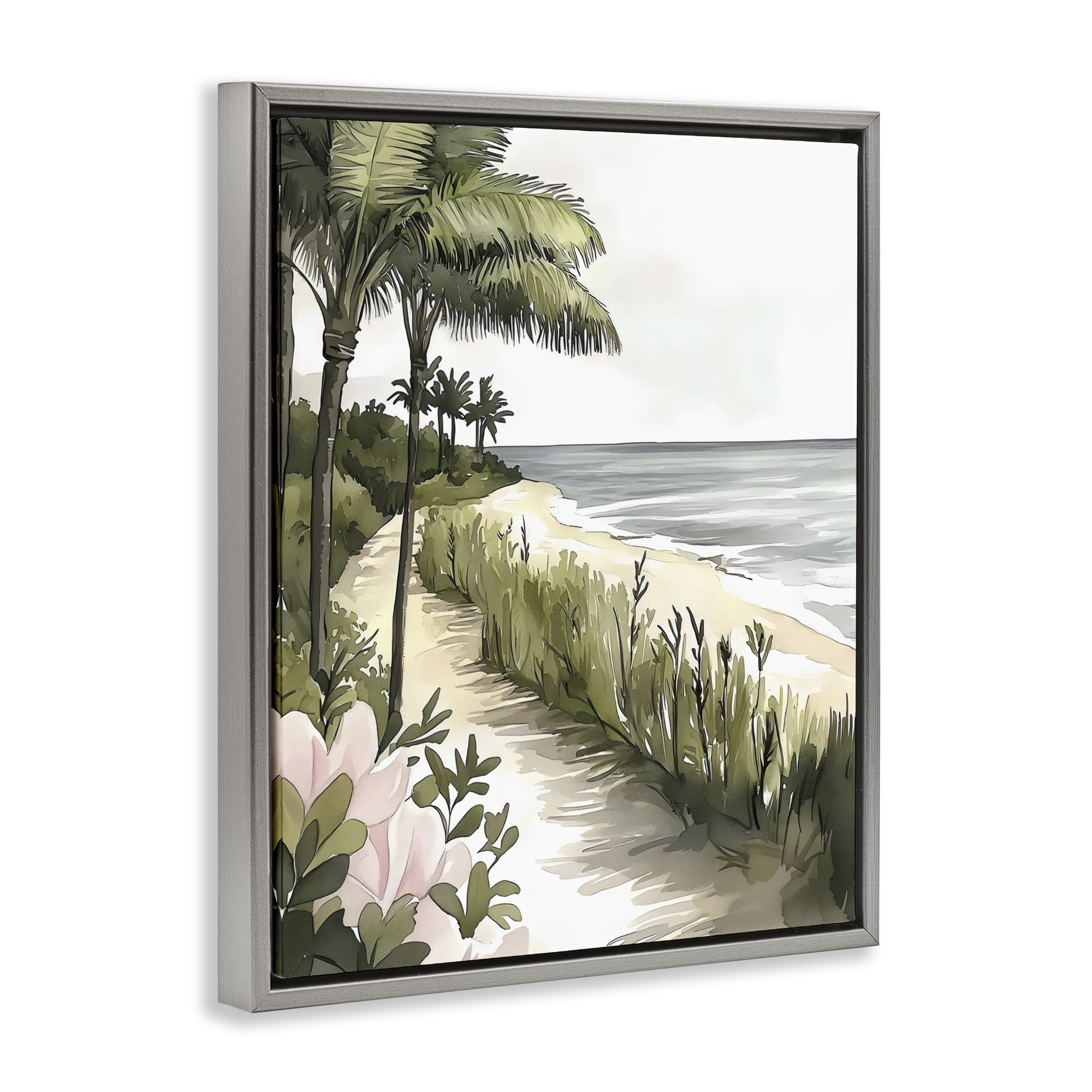 Stupell Industries Coastal Calm Palm Tree Pathway Gray Framed Floater Canvas Wall Art, design by Riley B